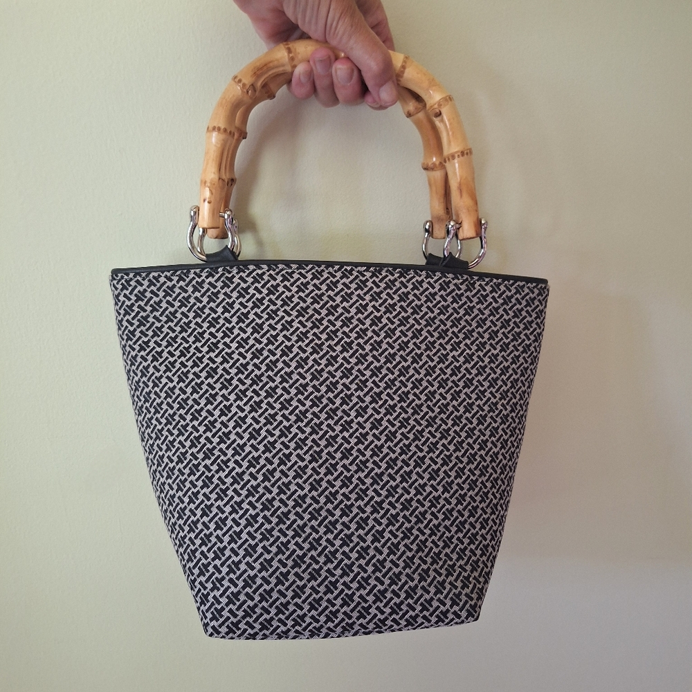 Talbots Woven Fabric & Leather Trim Black White Handbag Purse Bamboo Handles 🌷